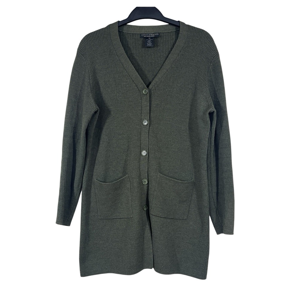 Sarah Spencer Italian Merino Long Cardigan Womens M Olive Green Duster Sweater